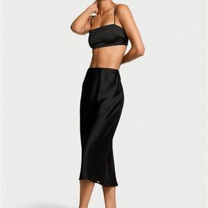 Victoria's Secret Black Luxe Satin Crop Bandeau Top and Slip Skirt Set